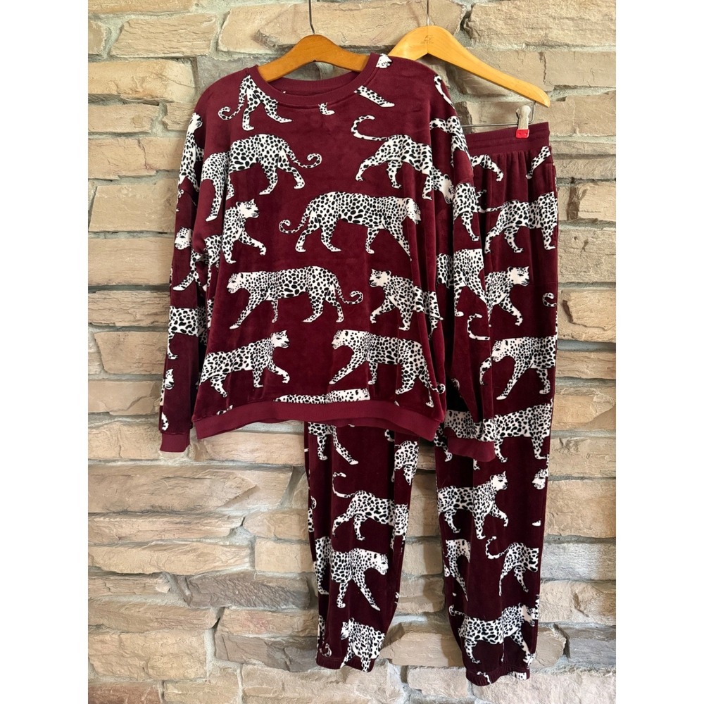 Room Service Womens Burgundy Leopard Print Velvet Pajama Set Velour Joggers L - Picture 2 of 16